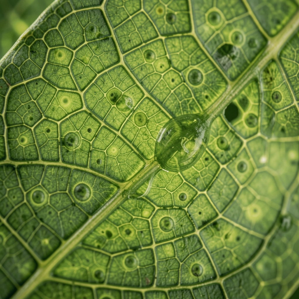 Abstract macro photograph of green leaf cellular structure under diffused lighting evoking biological complexity and natural organic processes