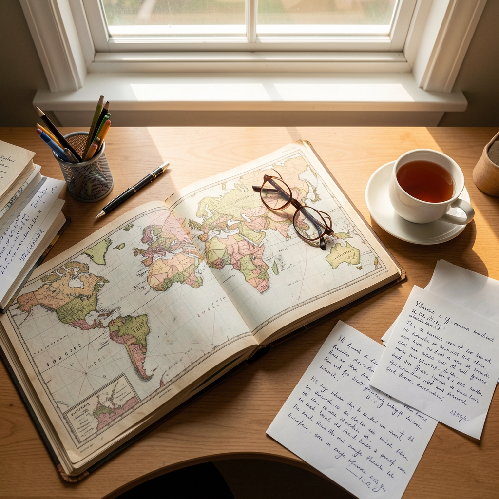 Overhead view of a research desk with an open atlas, reading glasses, a cup of tea, and scattered handwritten notes bathed in morning window light