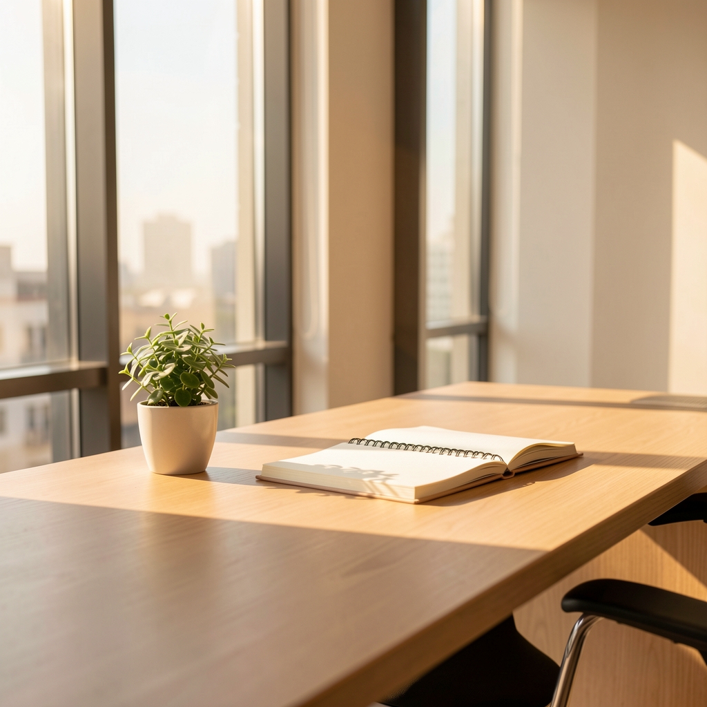 Light-filled modern office workspace with a clean desk, notebook, small potted plant, and warm sunlight streaming through tall windows