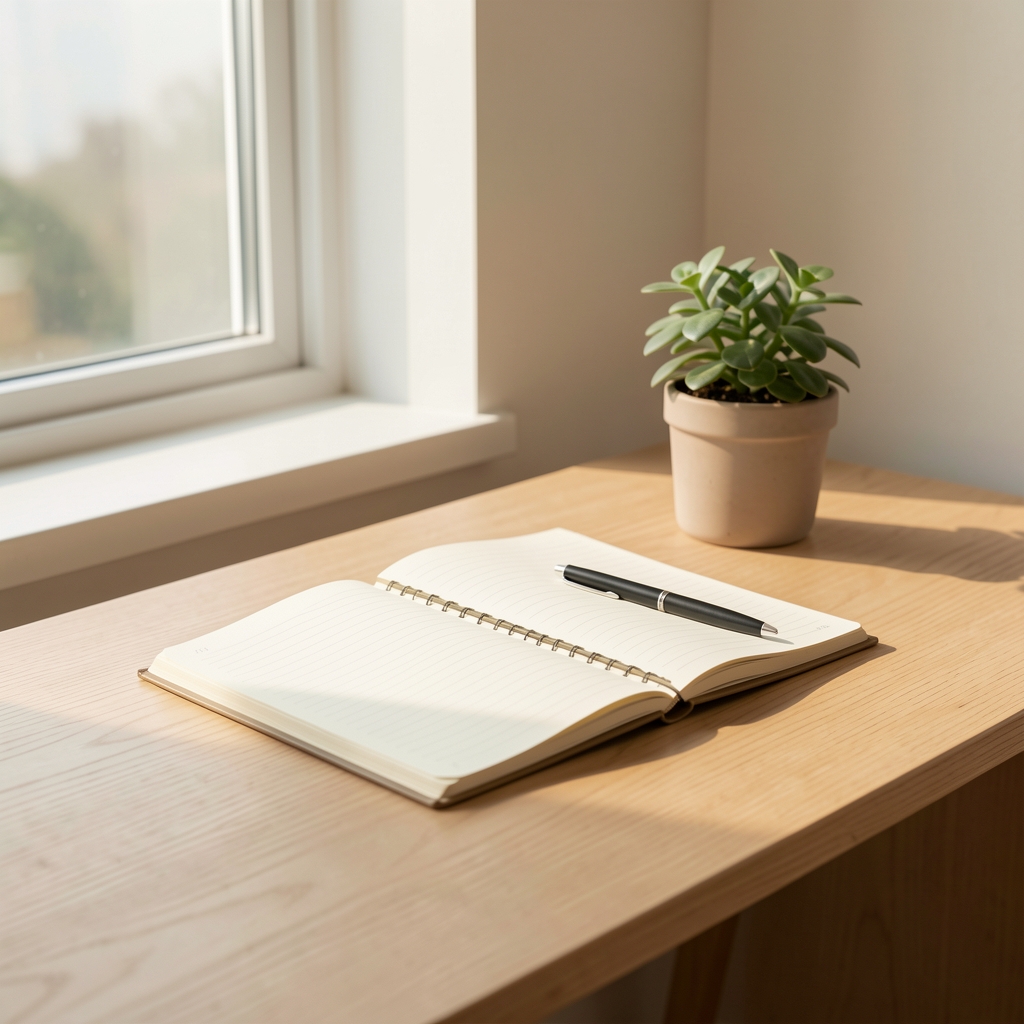 Minimalist wooden desk with an open notebook, pen, and small potted plant beside a window letting in calm afternoon light