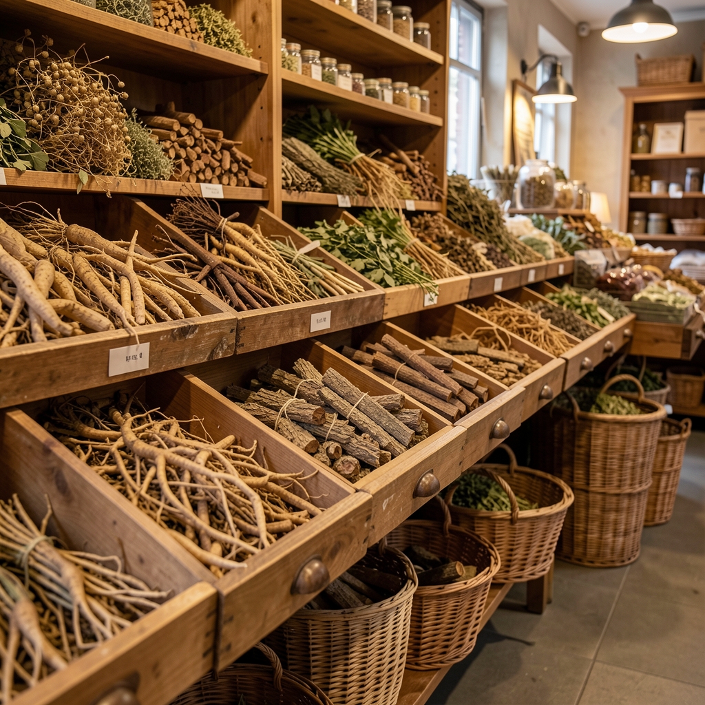 Traditional Asian herbal market interior with dried roots, bark, and plant materials displayed in wooden drawers and woven baskets under warm indoor lighting