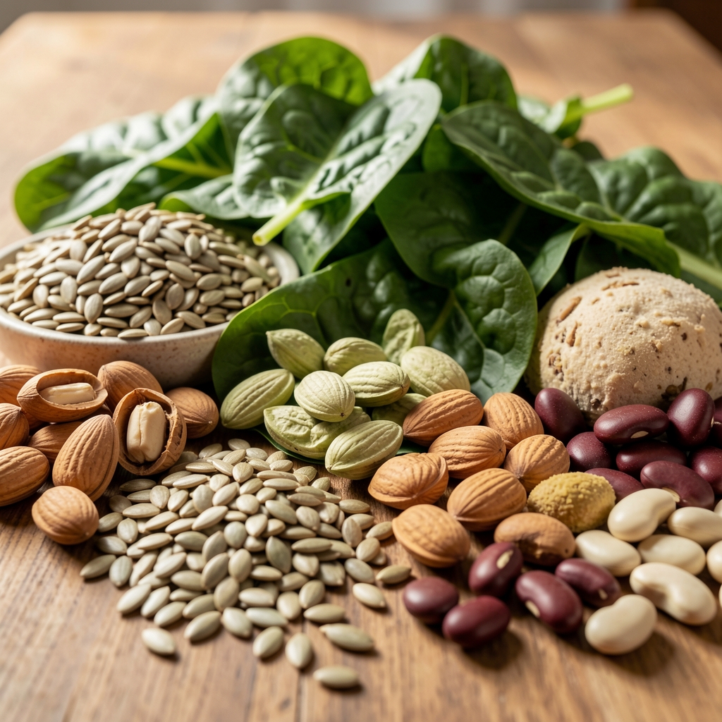 Close-up of a variety of fresh whole foods including leafy greens, nuts, seeds, and legumes arranged on a wooden surface in natural light