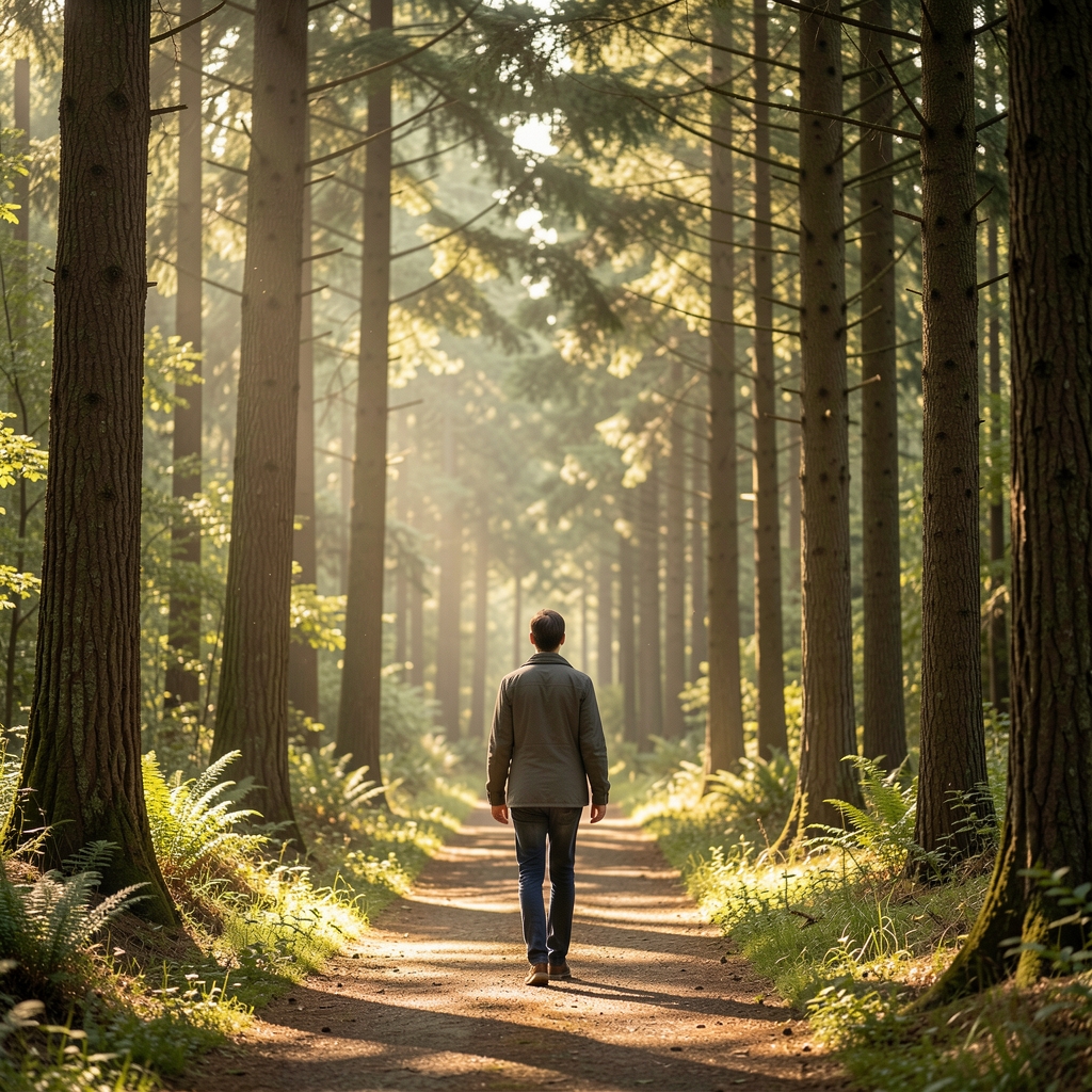 Person walking along a calm forest path surrounded by tall trees and dappled morning sunlight creating a serene meditative atmosphere